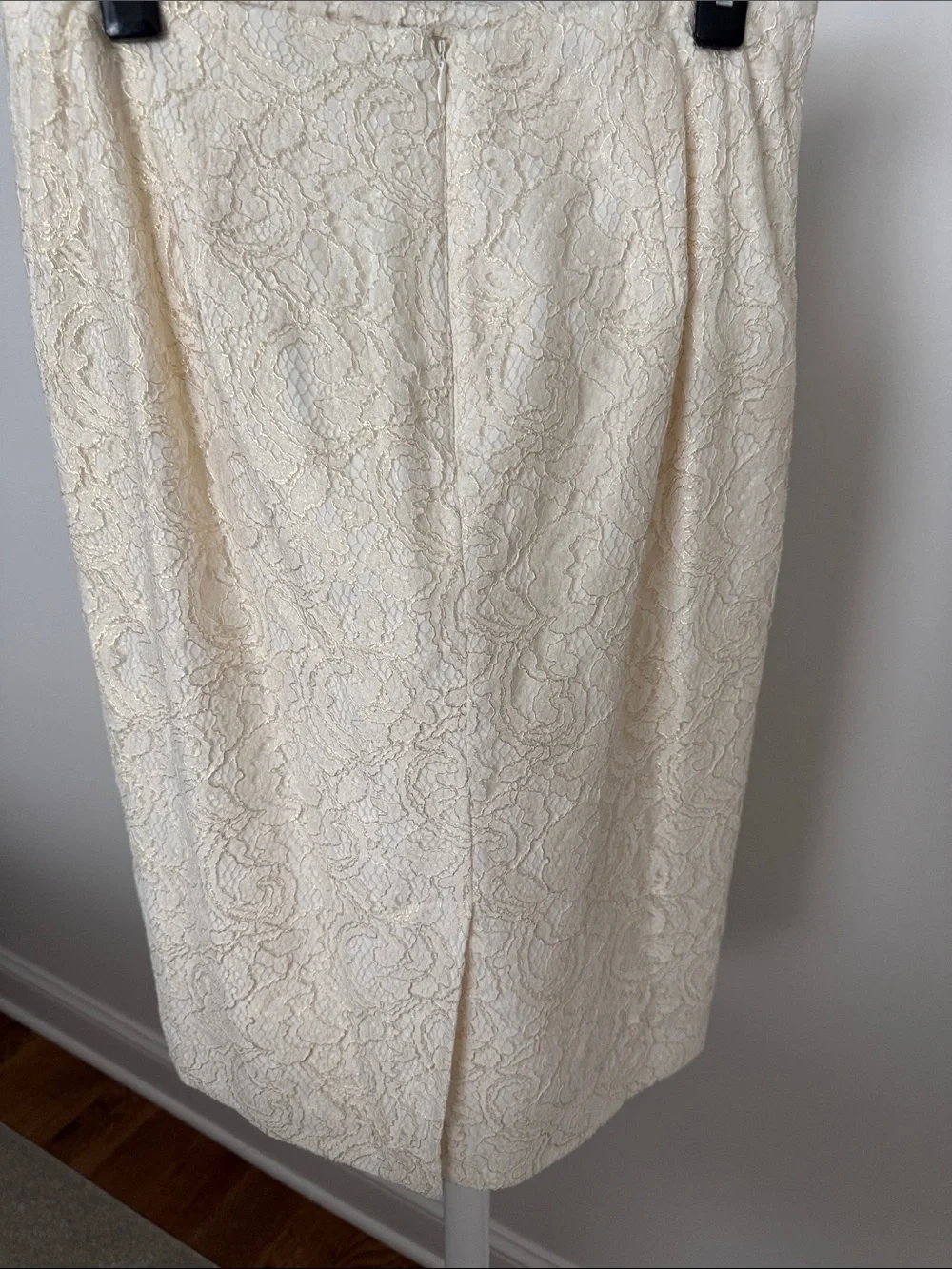 Ann Taylor Suit, cream with gold highlights. Jacket 8P, matching lace skirt, 4.